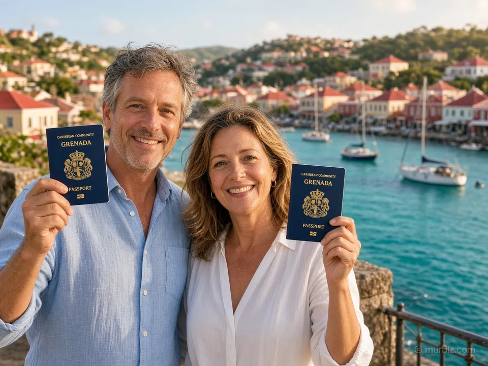 A couple holding Grenada passports on a terrace above the harbour in St. George's