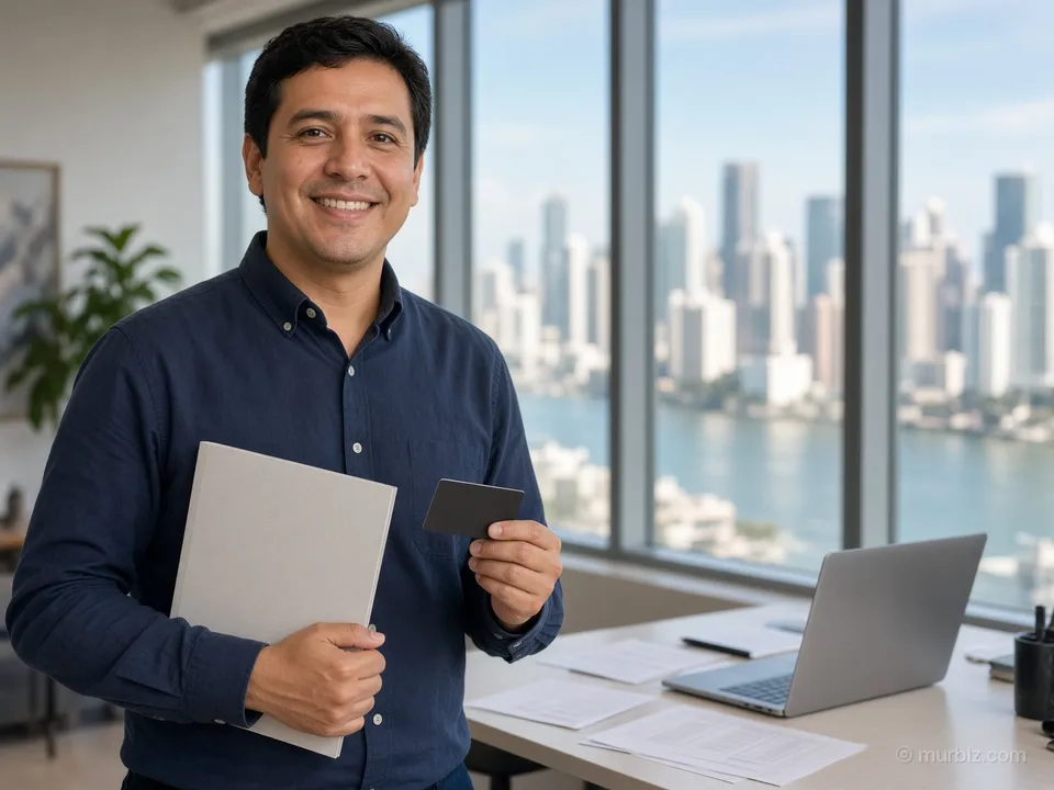 An entrepreneur holding company documents in an office with a city view