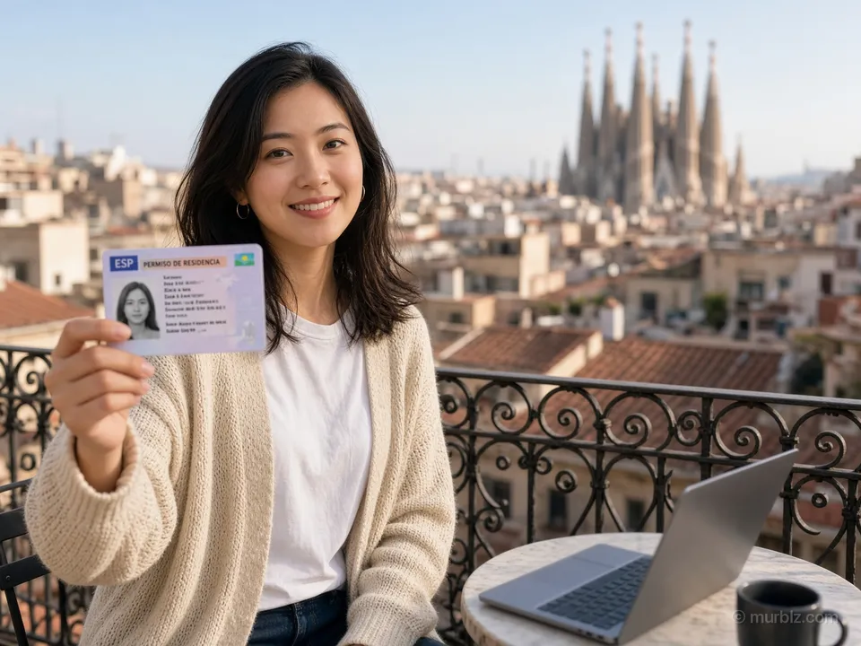 A woman with a foreigner's residence card and a laptop on a balcony overlooking Barcelona
