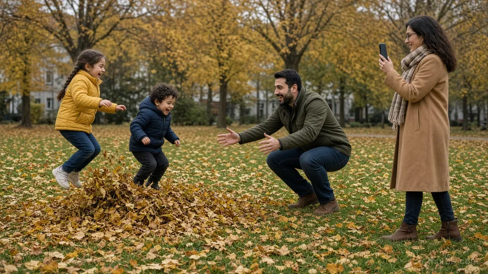 Sonbahar sabahı bir Berlin parkında Defne ile Can yaprak yığınına atlıyor, Burak yanlarında, Zeynep kendisine dönük telefon ekranından görüntülü konuşuyor