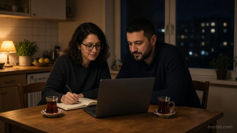 Ankara'da akşam, mutfak masasında Zeynep ile Burak kendilerine dönük dizüstü bilgisayar ekranından çevrim içi danışmanlığı izliyor