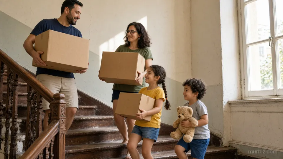 Eski bir Berlin apartmanının merdiven boşluğunda Burak ve Zeynep koli taşıyor, Defne küçük bir koli, Can bir oyuncak ayı tutuyor