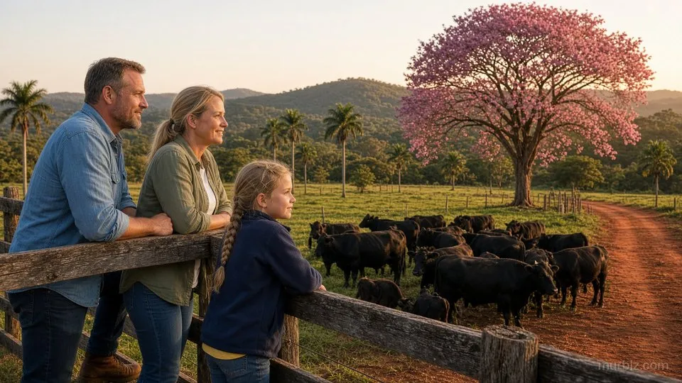 Stefan, Julia und Marie stehen am Holzzaun des Pferchs, dahinter schwarze Rinder, ein blühender rosa Lapacho, Palmen und Hügel im Abendlicht