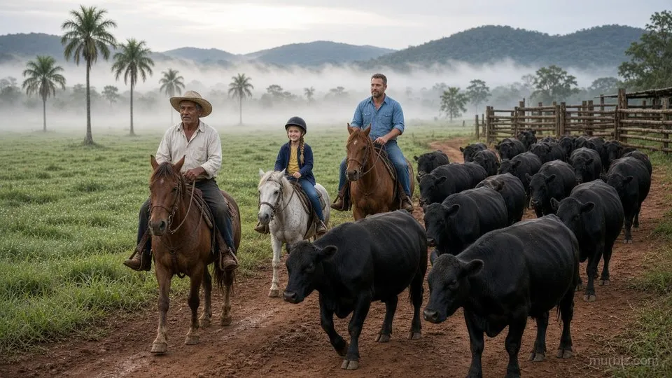 Ramón mit Strohhut auf einem braunen Pferd, Marie mit Reithelm auf einem grauen Pony und Stefan auf einem Fuchs treiben die schwarzen Mutterkühe einen roten Erdweg entlang, dahinter eine neblige Weide mit Palmen