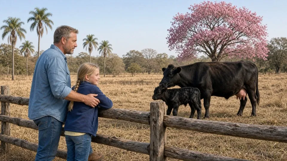 Stefan legt Marie die Hand auf die Schulter, beide stehen am Holzzaun und sehen einer schwarzen Kuh mit ihrem neugeborenen Kalb auf trockenem Gras zu, dahinter ein blühender rosa Lapacho