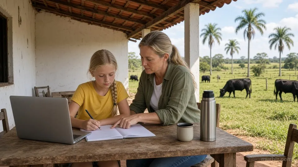 Marie schreibt am Holztisch auf der Veranda des Farmhauses in ein Heft, Julia zeigt auf eine Aufgabe, daneben ein Laptop und eine Thermoskanne, im Hintergrund Rinder und Palmen