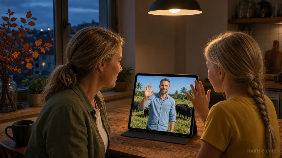 Julia und Marie sitzen abends in der Küche in Augsburg vor einem Tablet, auf dem Bildschirm winkt Stefan auf einer sonnigen Weide mit schwarzen Rindern und Palmen
