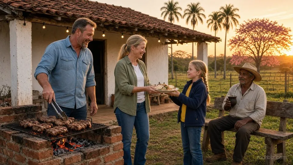 Stefan wendet am gemauerten Grill das Fleisch, Julia reicht Marie einen Teller, Ramón sitzt mit einem Becher auf der Bank, darüber Lichterketten, Palmen und ein rosa blühender Lapacho im Abendlicht