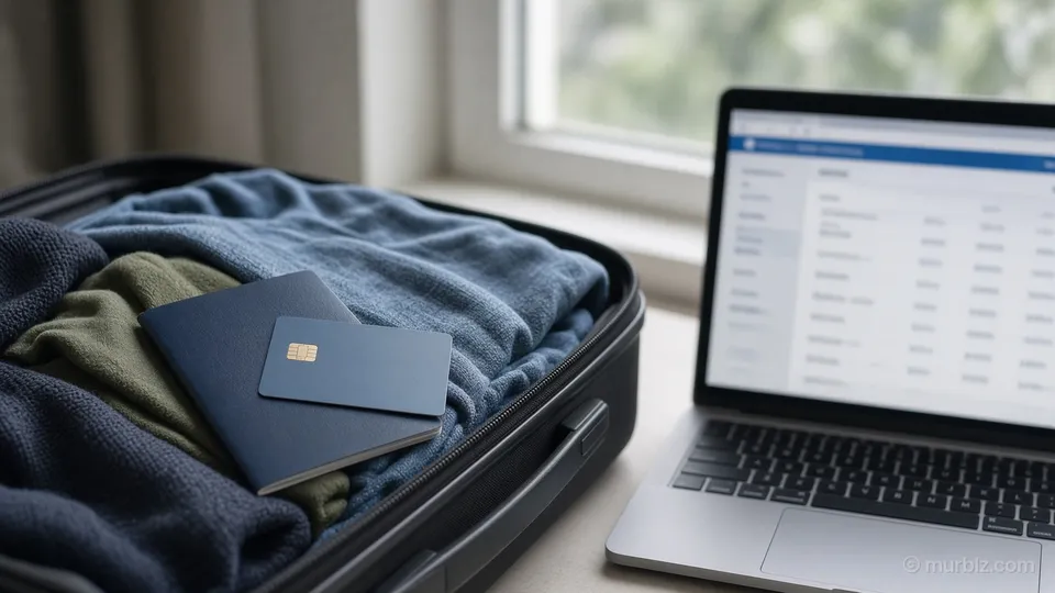 A bank card and a passport on top of a packed suitcase next to a laptop with an online banking page