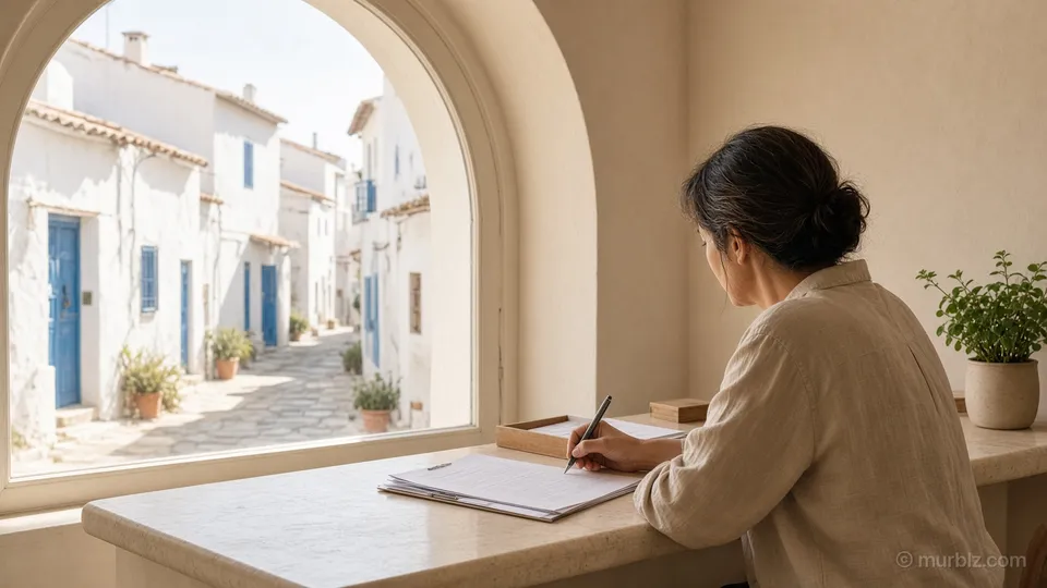 A person at a bank counter in a sunny southern European town signing account opening documents
