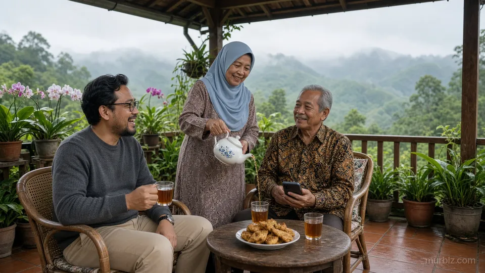 Pagi di beranda rumah di Bandung, Arif minum teh bersama ayah dan ibunya