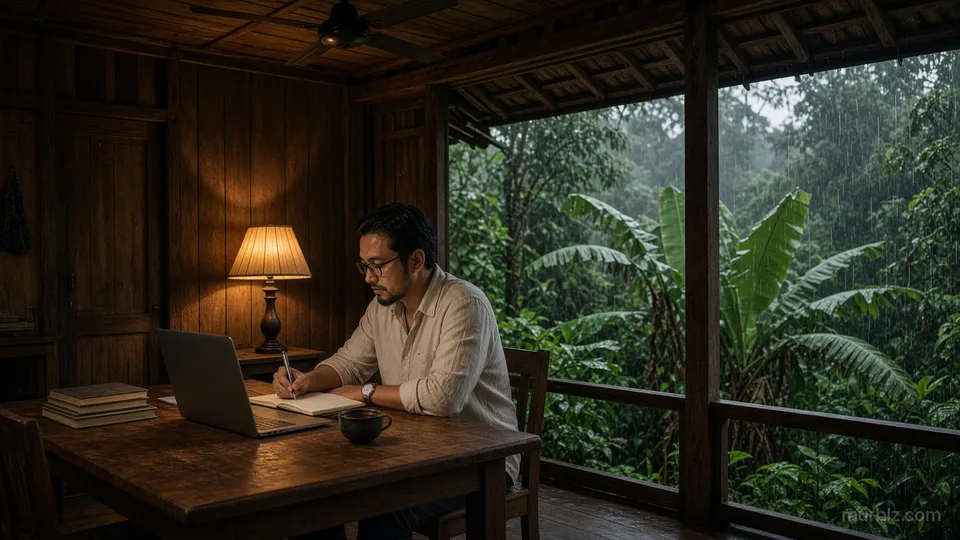 Malam musim hujan di Ubud, Arif mencatat di meja kayu, layar laptop menghadap kepadanya