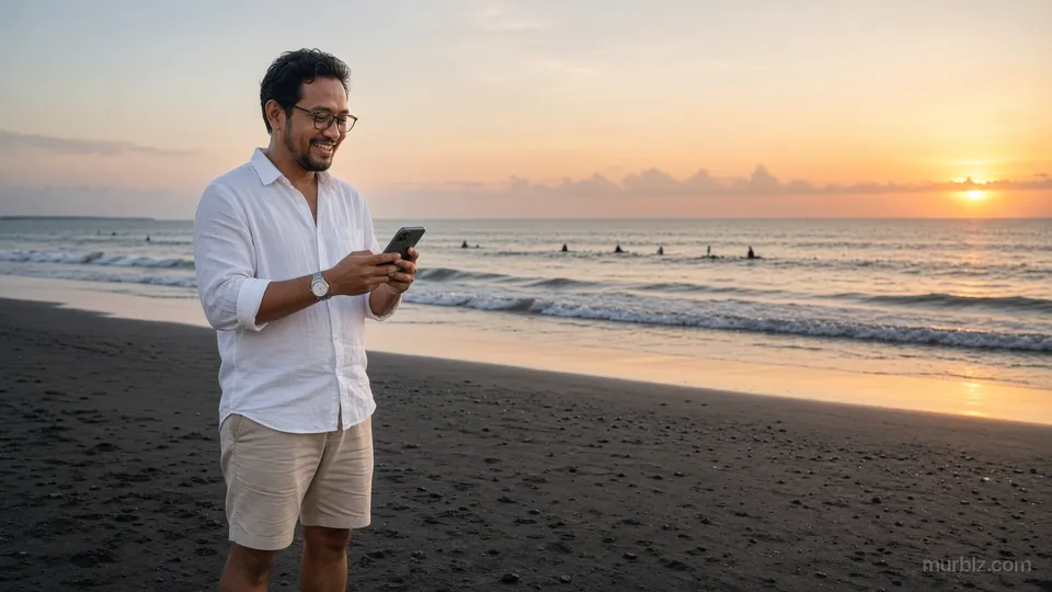 Senja di pantai Canggu, Arif membaca pesan di ponsel yang layarnya menghadap kepadanya