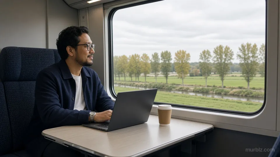 Arif bekerja dengan laptop di kereta antarkota Eropa, di luar jendela ladang hijau dan pohon yang mulai menguning