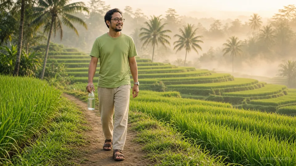Pagi di sawah terasering dekat Ubud, Arif berjalan di pematang