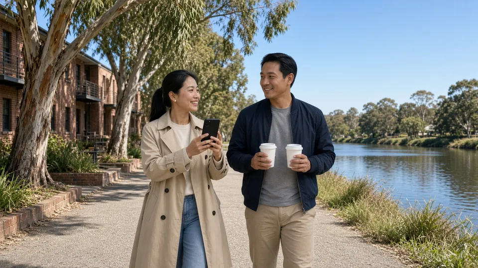 Buổi trưa mùa xuân trên lối đi ven sông ở Melbourne, Hà gọi video cho bố mẹ bằng điện thoại quay màn hình về phía cô, Huy cầm hai ly cà phê bên cạnh