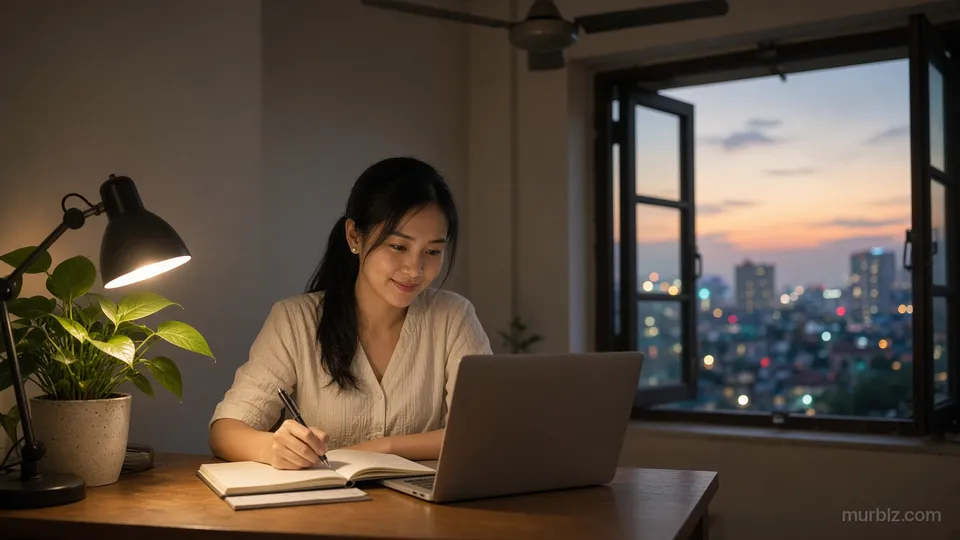 Buổi tối mùa hè ở Hà Nội, Hà ngồi ở bàn ghi chép, màn hình máy tính xách tay quay về phía cô