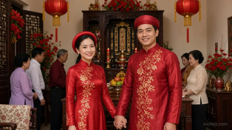 Hà mặc áo dài đỏ và Huy mặc áo dài cưới đứng cười giữa họ hàng trong một ngôi nhà ở Hà Nội