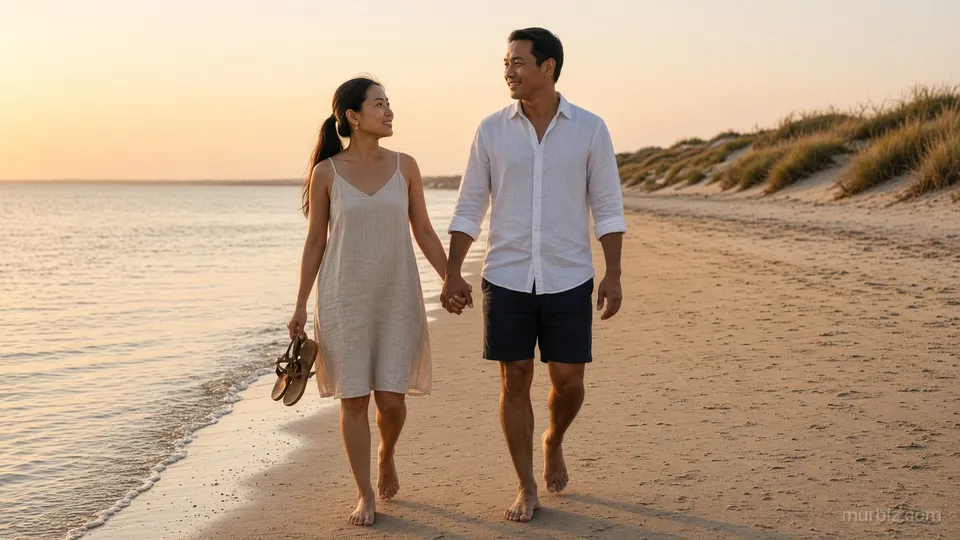 Buổi tối mùa hè trên bãi biển, Hà và Huy đi chân trần dọc mép nước