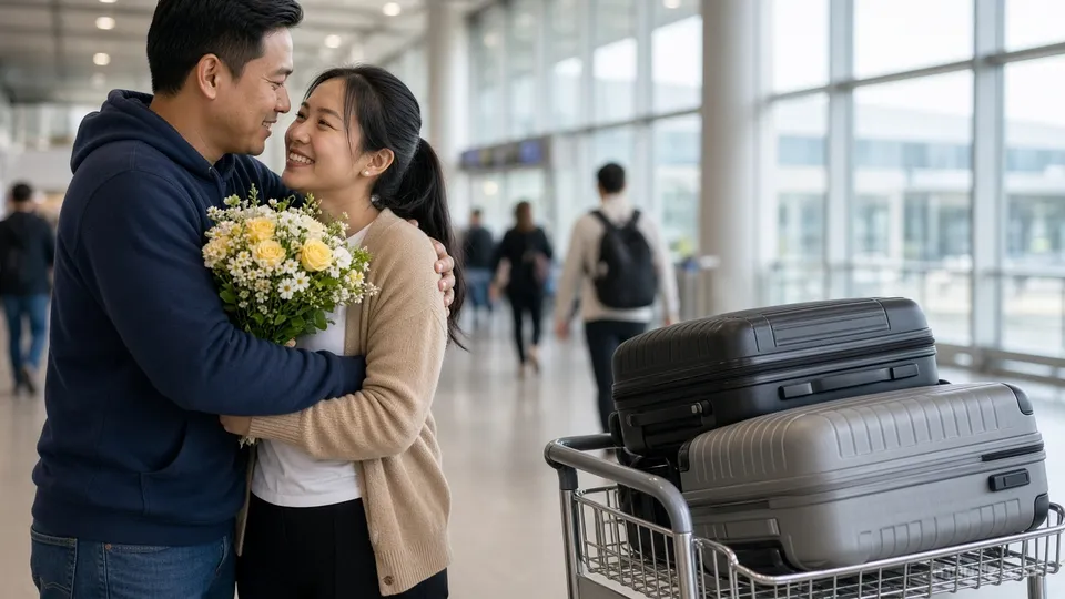 Ở sảnh đến của sân bay, Huy cầm bó hoa ôm Hà, bên cạnh hai vali