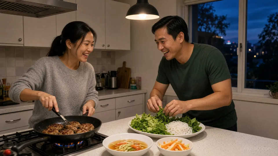 Buổi tối, Hà và Huy cùng nấu ăn trong bếp của một căn hộ nhỏ ở Melbourne