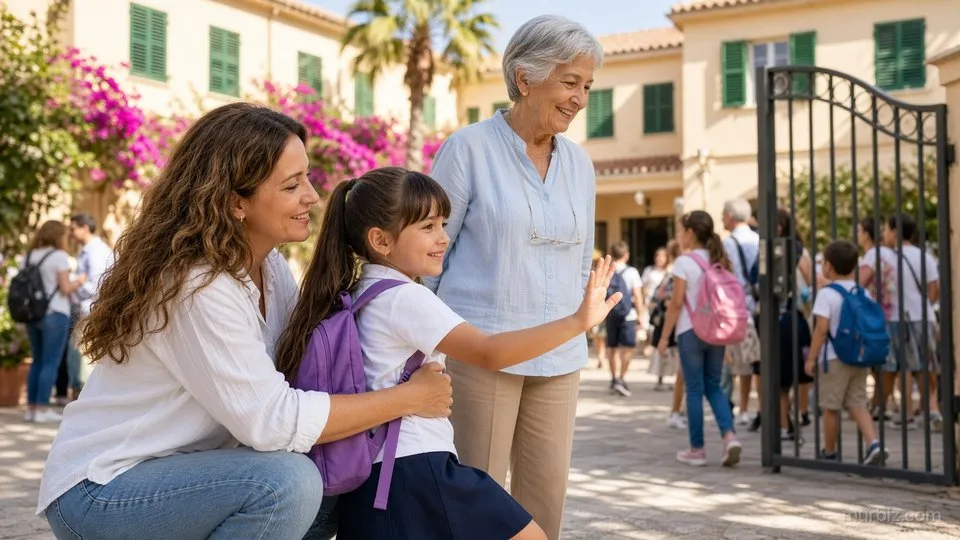 Laura, agachada, abraza a Sofía, que lleva una mochila violeta y saluda con la mano; detrás, Norma sonríe junto a la reja abierta del colegio, y alrededor hay chicos con mochilas