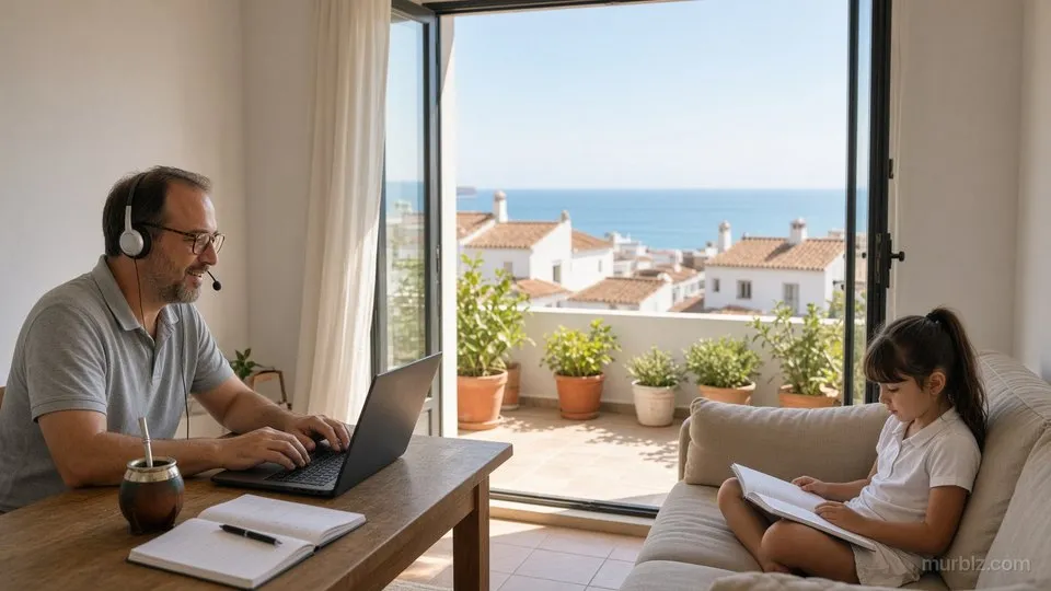 Martín, con auriculares y anteojos, trabaja en una laptop junto a la puerta abierta al patio, con vista a las casas bajas y al mar; a la derecha, Sofía hace la tarea en el sofá