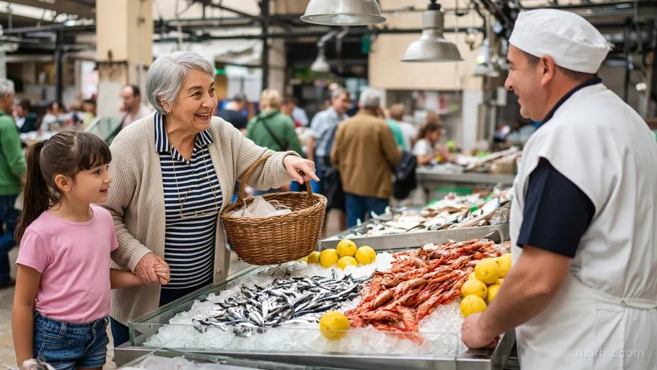 Norma, con una canasta en el brazo y de la mano de Sofía, señala los boquerones en un puesto del mercado, y el pescadero las atiende