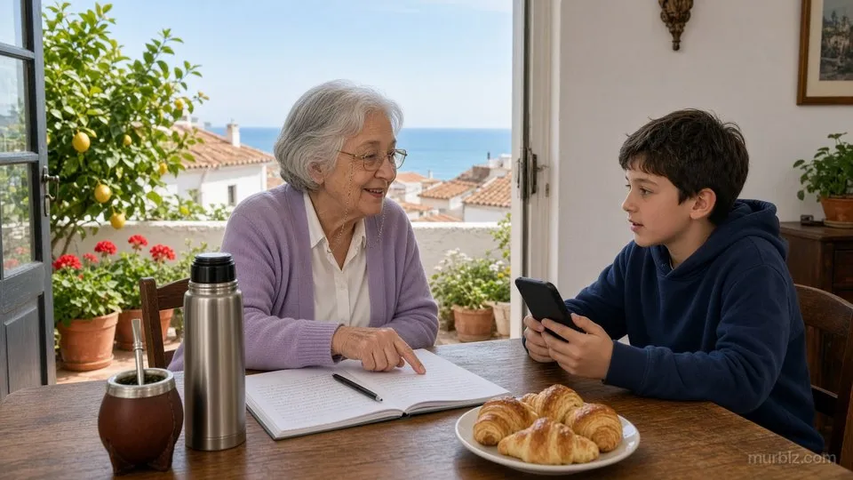 Norma, con anteojos, señala un cuaderno con apuntes en la mesa del living, y Tomás, sentado frente a ella, le lee una pregunta desde el celular; en la mesa hay un mate, un termo y medialunas