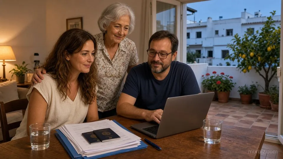 Martín y Laura, sentados frente a una laptop en la mesa del comedor, revisan un formulario, con una carpeta de documentos y los pasaportes sobre la mesa; Norma, de pie detrás de ellos, apoya una mano en el hombro de Laura; por la puerta abierta se ve el patio con un limonero