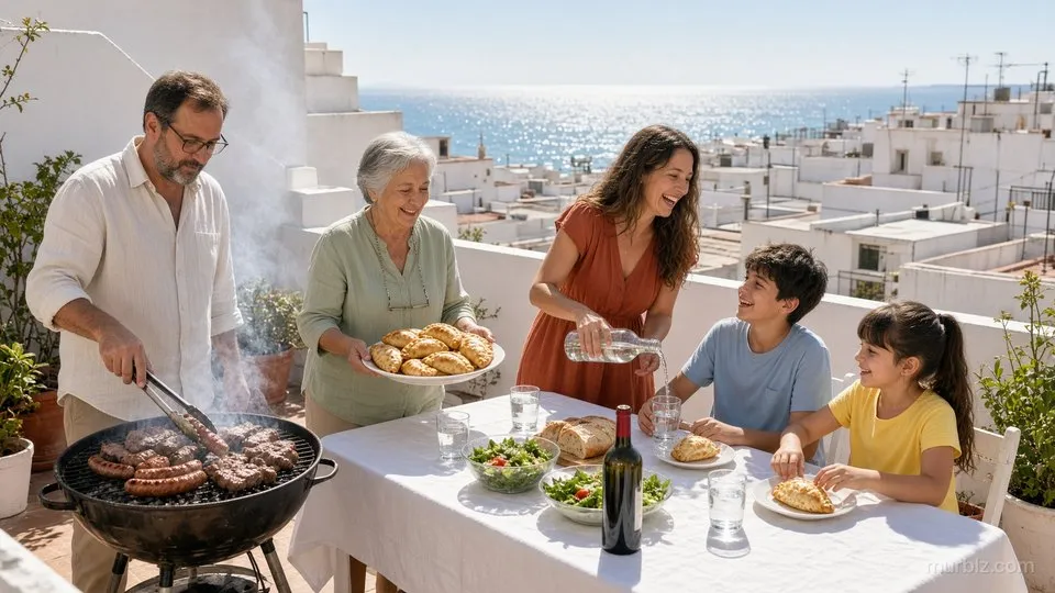 A pleno sol del mediodía, Martín da vuelta los chorizos y la carne en una parrilla redonda en la terraza de la casa; Norma trae una bandeja de empanadas, Laura sirve agua, y Tomás y Sofía ya están en la mesa; al fondo se ve el mar