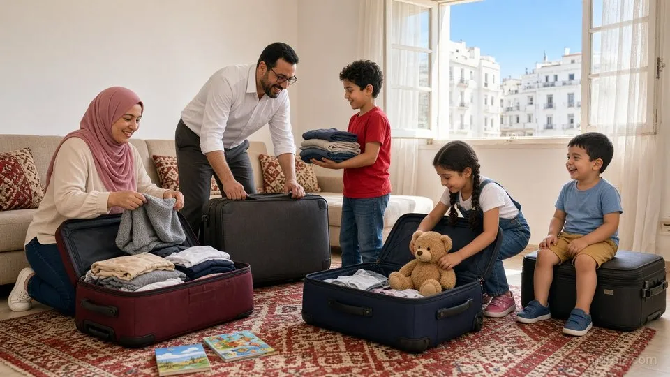 العائلة تجهّز الحقائب في شقة القبة: أمل تطوي كنزة رمادية، وكريم يغلق حقيبة كبيرة، ويانيس يحمل ملابس مطوية، ولينا تضع دبّها في الحقيبة، وآدم يضحك جالسًا على حقيبة، ومن النافذة المفتوحة عمارات الجزائر البيضاء
