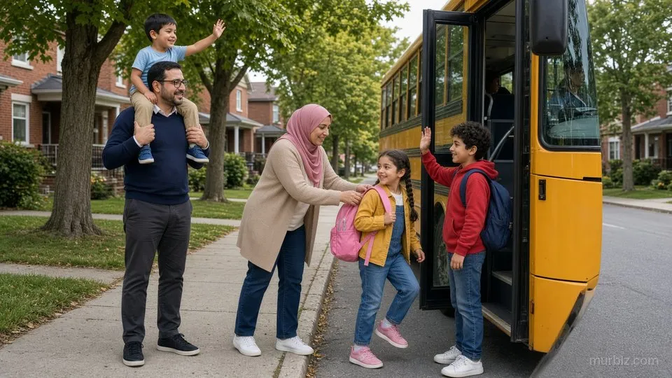 أمام الحافلة المدرسية الصفراء في شارع من البيوت المتلاصقة في أورليان: أمل تعدّل حقيبة لينا الوردية، ويانيس يلوّح عند باب الحافلة، وكريم يحمل آدم على كتفيه