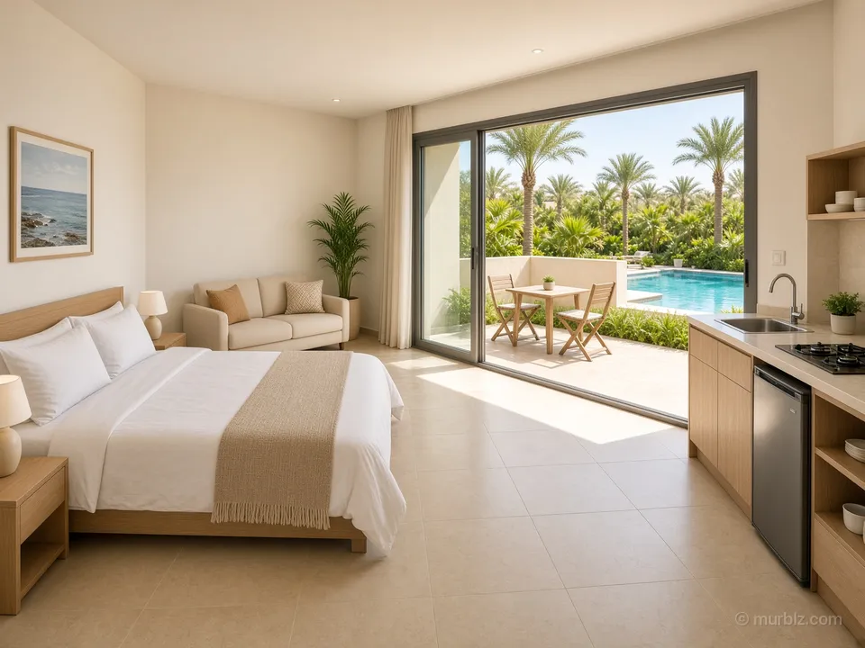A furnished pool-level studio in a resort complex by the beach