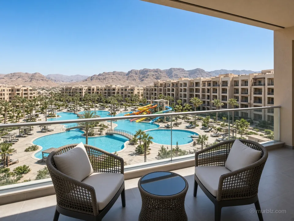 A new furnished one-bedroom apartment in a complex with a water park