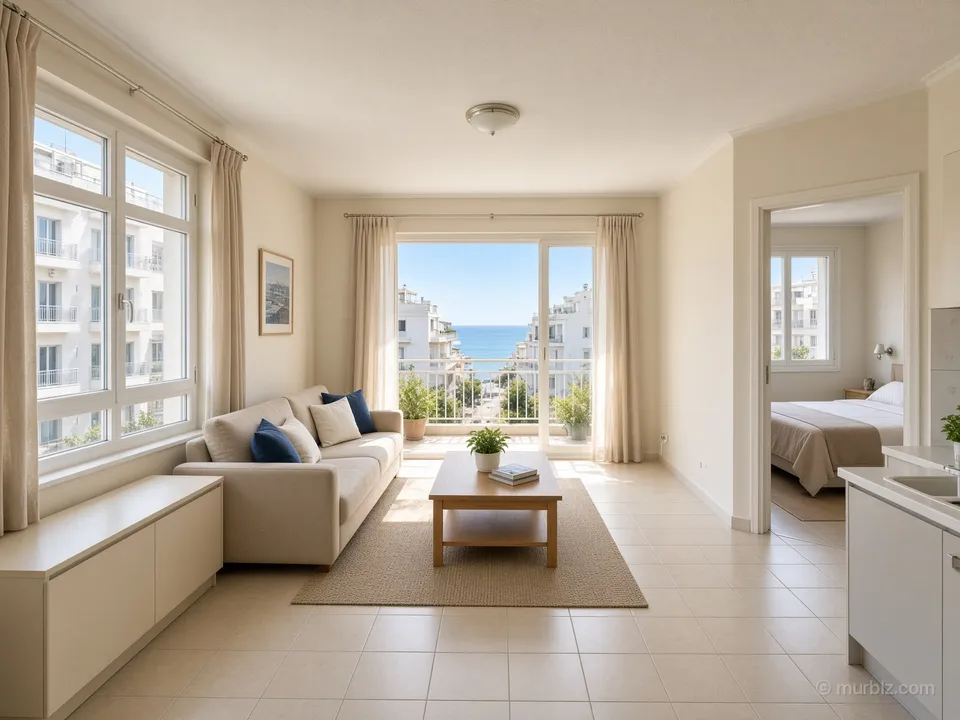 A bright dual-aspect two-bedroom apartment minutes from the sea