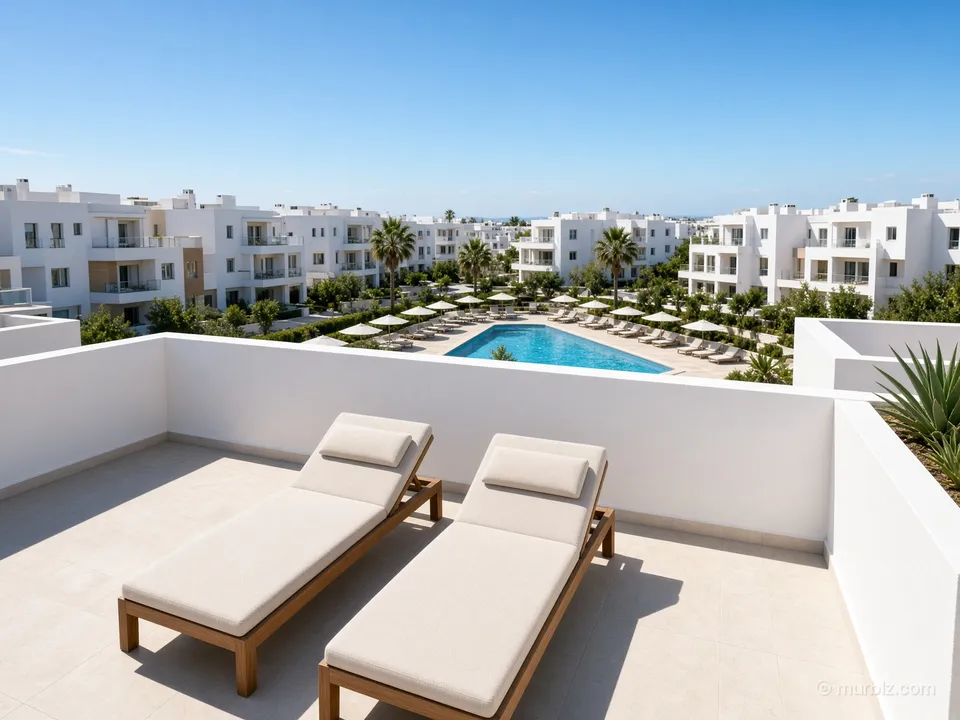 A one-bedroom apartment with a terrace and its own solarium in a complex with a pool