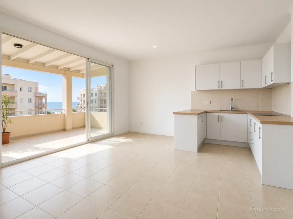 A vacant one-bedroom apartment with a veranda by the new marina