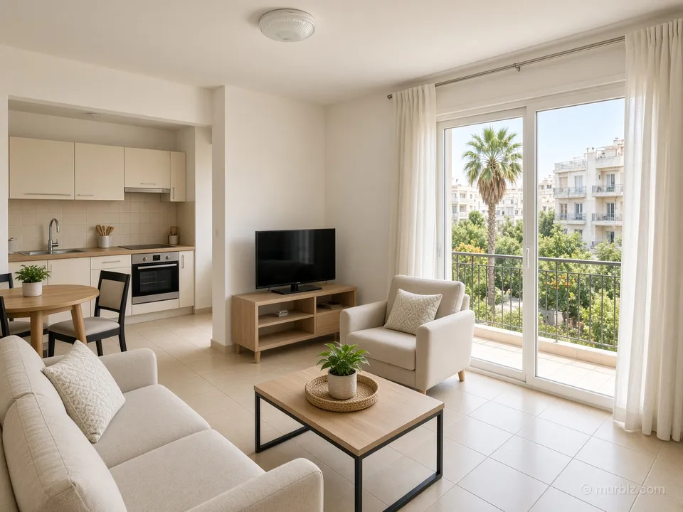A one-bedroom apartment with a balcony and covered parking