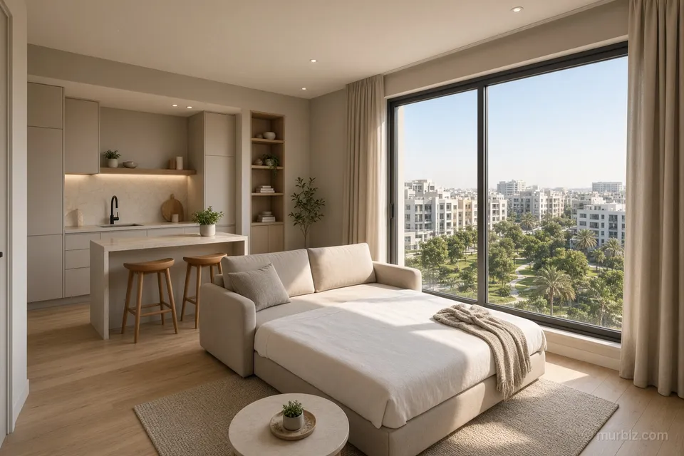 A studio with an open kitchen in a new building in Dubai