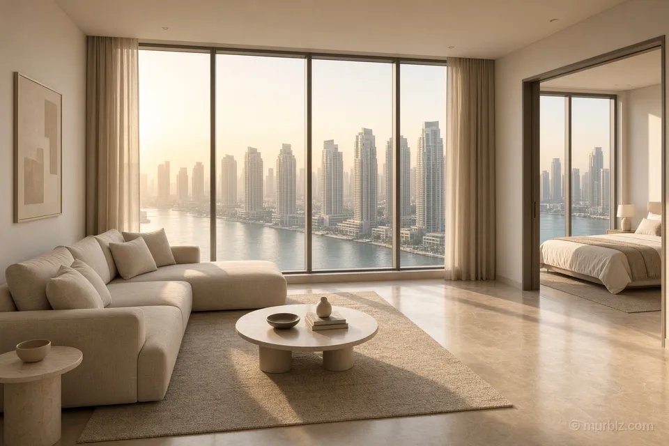 A one-bedroom apartment with panoramic windows in a Dubai high-rise