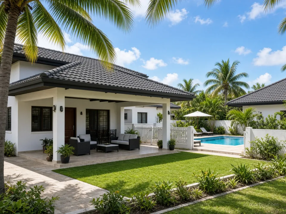 A 210 m² single-story house in a gated estate with a pool
