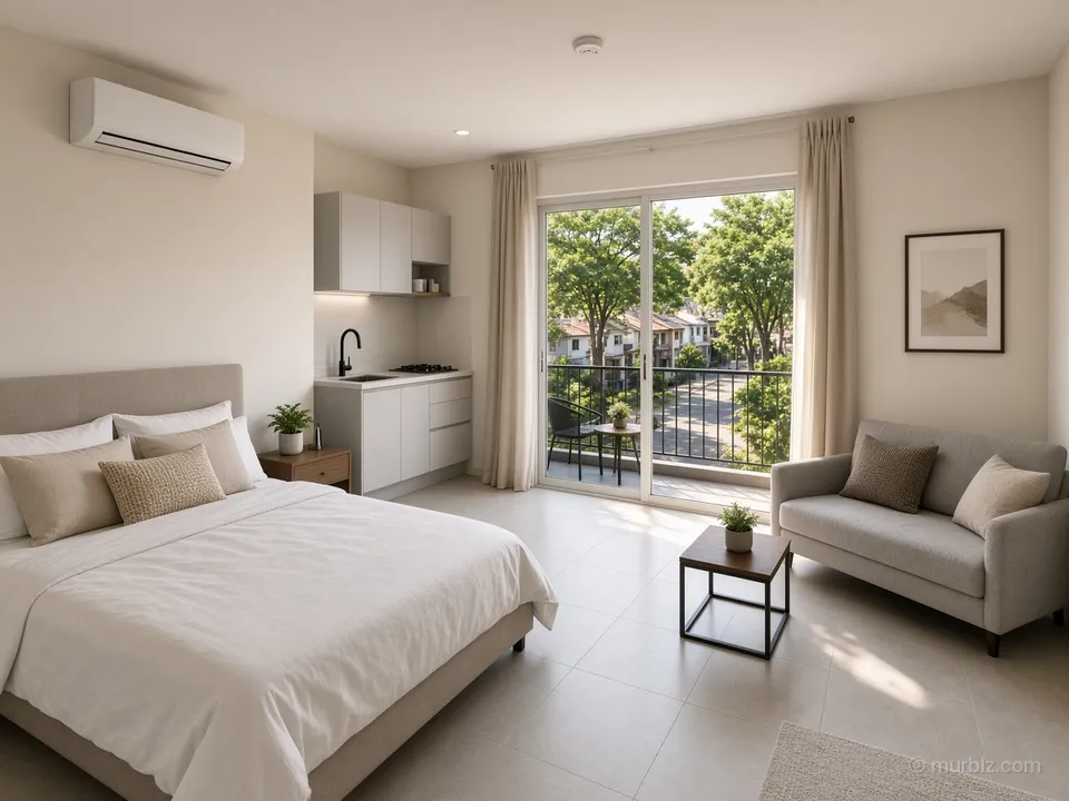A furnished studio with a balcony in a building with a pool