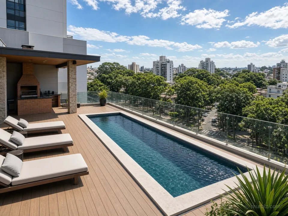 A one-bedroom apartment with a rooftop pool by a shopping centre