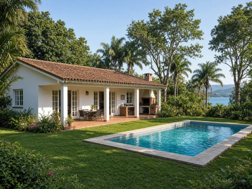 A three-bedroom house with a pool and a large plot by the lake