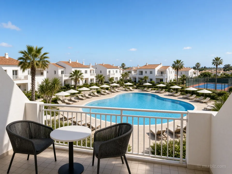 A one-bedroom apartment with a balcony over the pool in a complex by the beach