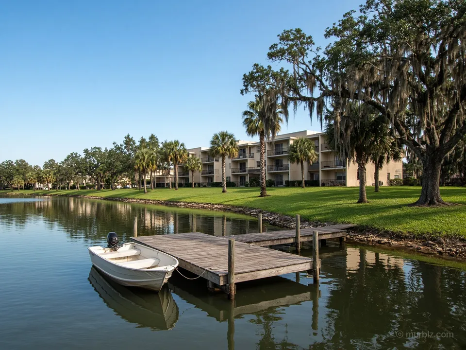 A furnished apartment with a boat dock on a lake in Orlando