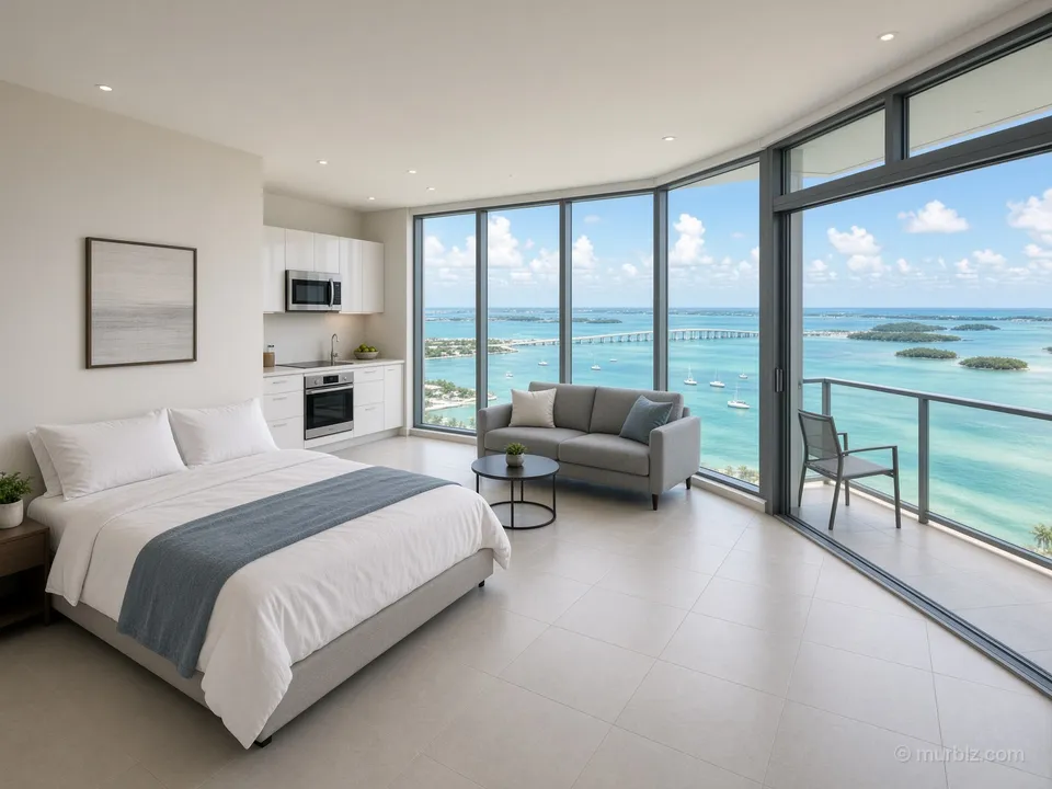 A corner studio with a Biscayne Bay view in a building with two pools