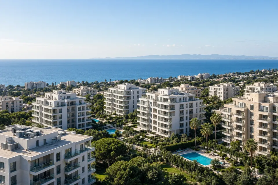 New residential buildings with pools in a seaside district