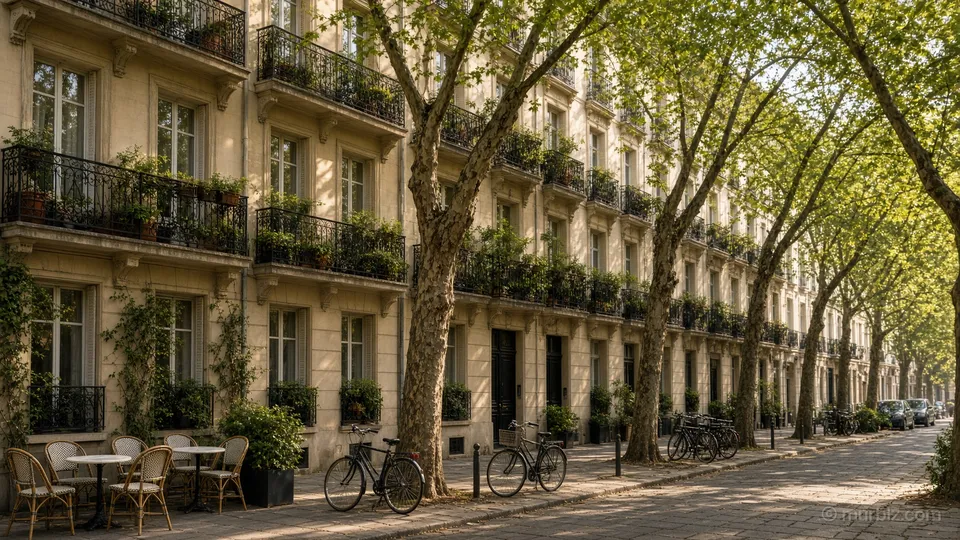 Quiet residential street with balconies, plane trees and a cafe terrace